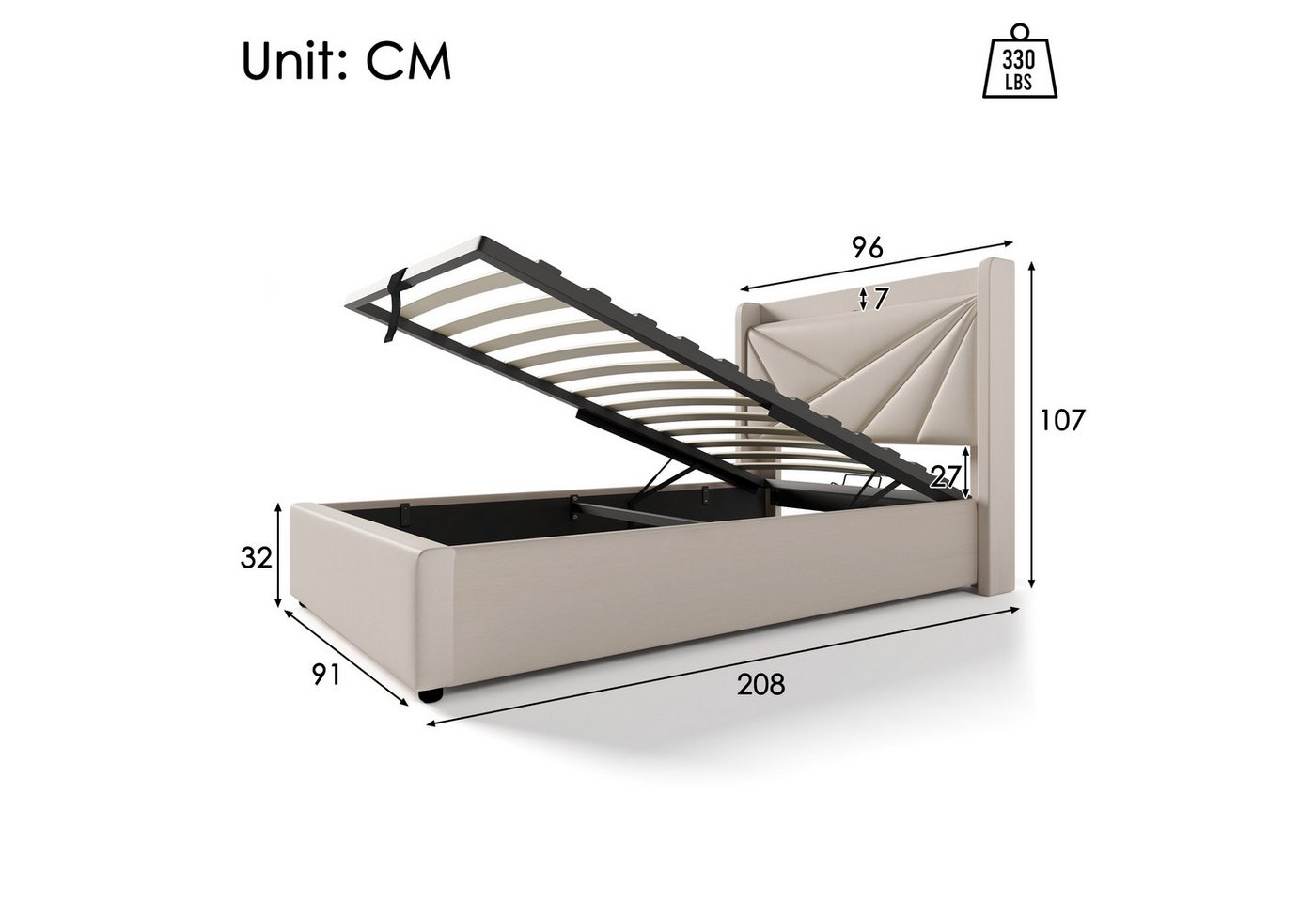 TavilaEcon Boxspringbett mit Bettkasten und USB Typ C, Größe wählbar von 140 bis 180 ×200 cm, 90x200cm, aus Leinenmaterial, Beige – Bild 2 von 5
