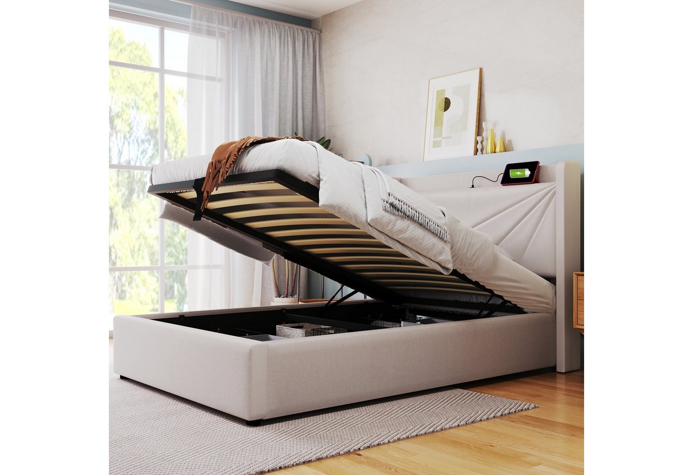 TavilaEcon Boxspringbett mit Bettkasten und USB Typ C, Größe wählbar von 140 bis 180 ×200 cm, 90x200cm, aus Leinenmaterial, Beige – Bild 3 von 5
