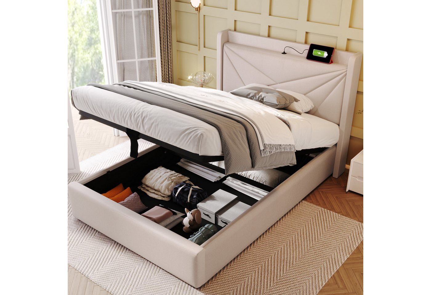 TavilaEcon Boxspringbett mit Bettkasten und USB Typ C, Größe wählbar von 140 bis 180 ×200 cm, 90x200cm, aus Leinenmaterial, Beige – Bild 4 von 5