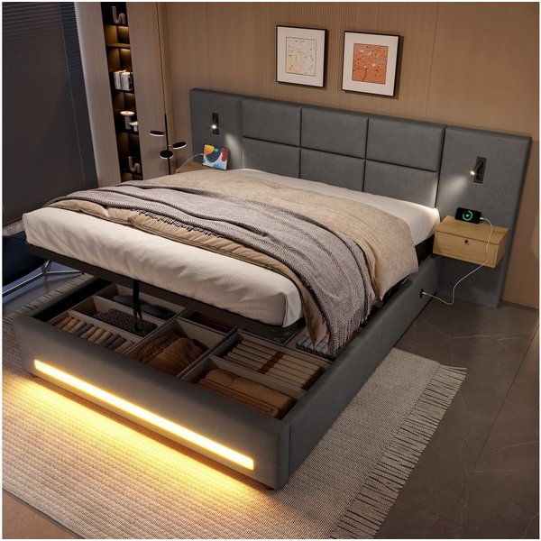 TavilaEcon Boxspringbett mit Samtkopfteil, praktischen Stauschubladen und LED-Nachtlicht (1-St), mit USB-C-Anschlüssen und robustem Metallgestell, 180×200cm, gr