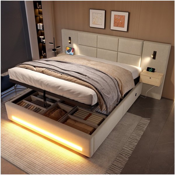 TavilaEcon Boxspringbett mit Samtkopfteil, praktischen Stauschubladen und LED-Nachtlicht (1-St), mit USB-C-Anschlüssen und robustem Metallgestell, 180×200cm, be