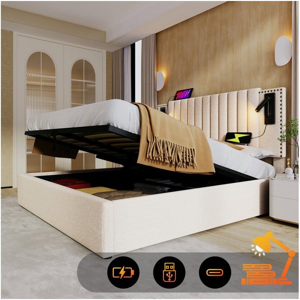 TavilaEcon Boxspringbett mit verstellbarem Kopfteil, Polsterbett 180x200cm & weitere Größen, Doppelbett 140x200cm, Bettkasten mit Leselicht & USB, Beige