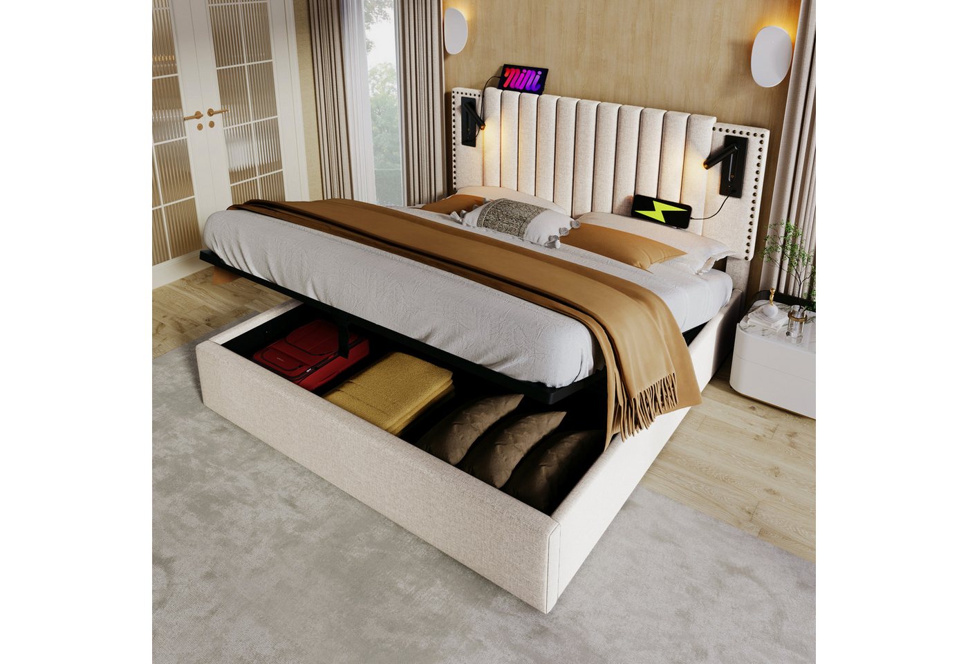 TavilaEcon Boxspringbett mit verstellbarem Kopfteil, Polsterbett 180x200cm & weitere Größen, Doppelbett 140x200cm, Bettkasten mit Leselicht & USB, Beige – Bild 4 von 5