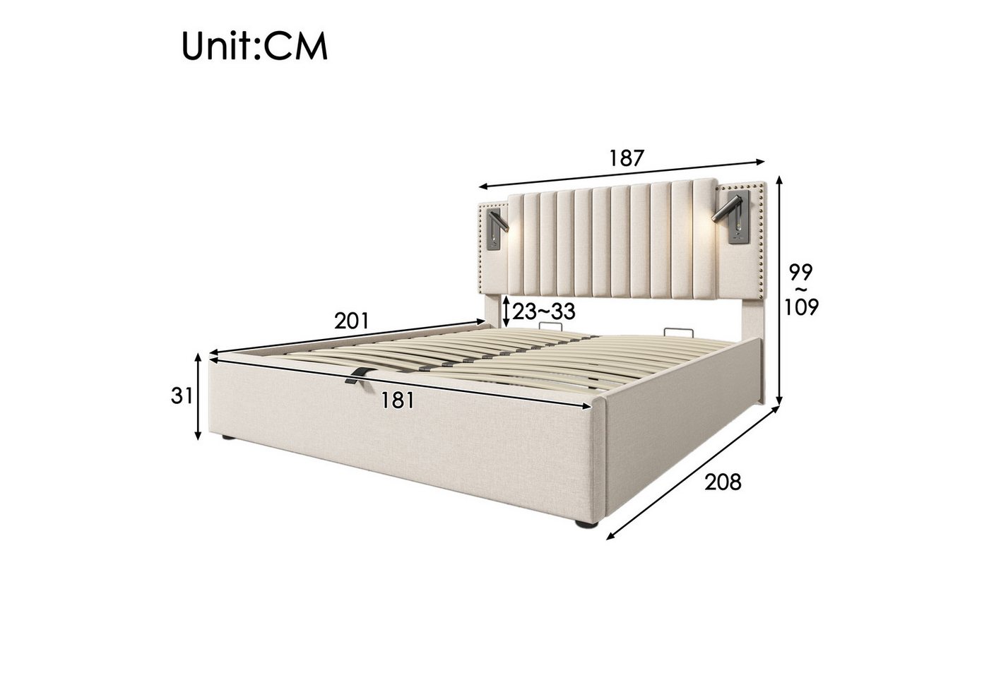 TavilaEcon Boxspringbett mit verstellbarem Kopfteil, Polsterbett 180x200cm & weitere Größen, Doppelbett 180x200cm, Bettkasten mit Leselicht & USB, Beige – Bild 2 von 5