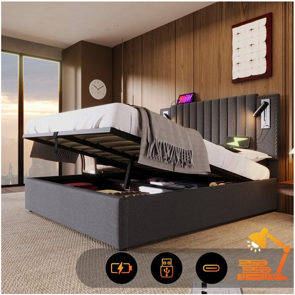 TavilaEcon Boxspringbett mit verstellbarem Kopfteil, Polsterbett 180x200cm & weitere Größen, Doppelbett 140x200cm, Bettkasten mit Leselicht & USB, Grau