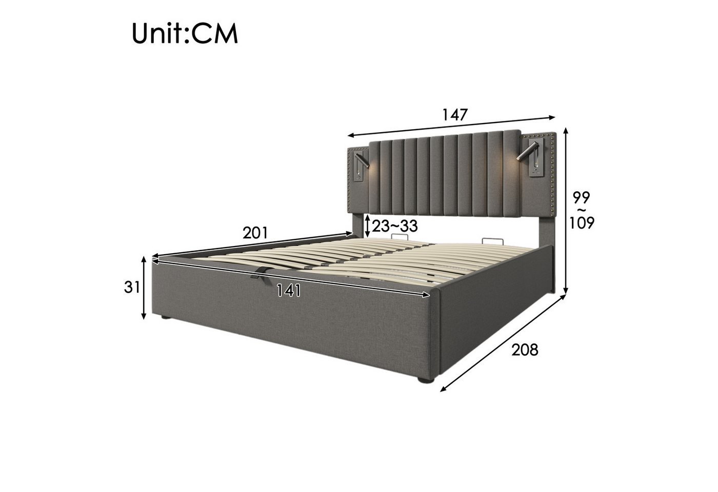 TavilaEcon Boxspringbett mit verstellbarem Kopfteil, Polsterbett 180x200cm & weitere Größen, Doppelbett 140x200cm, Bettkasten mit Leselicht & USB, Grau – Bild 2 von 5