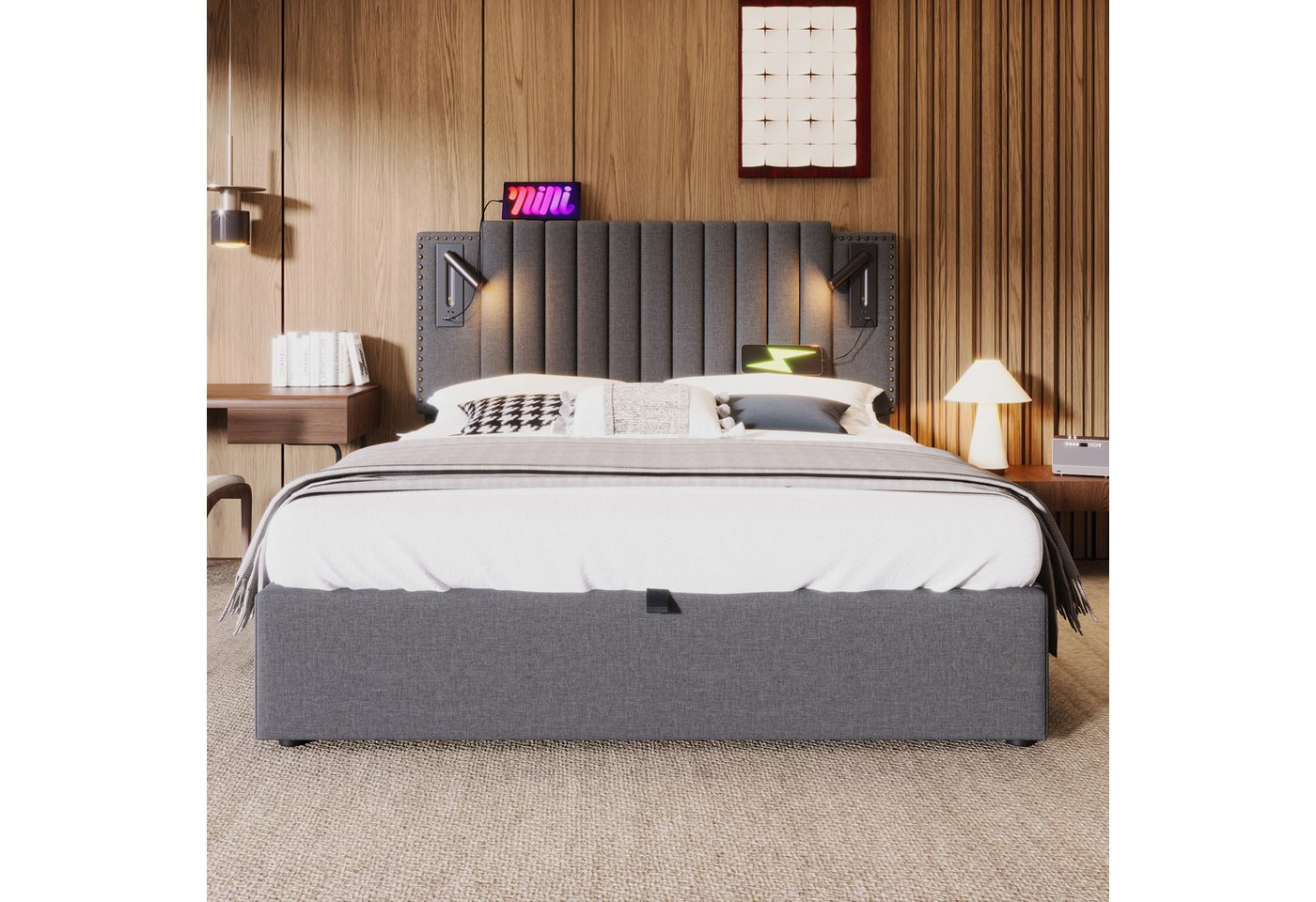 TavilaEcon Boxspringbett mit verstellbarem Kopfteil, Polsterbett 180x200cm & weitere Größen, Doppelbett 140x200cm, Bettkasten mit Leselicht & USB, Grau – Bild 3 von 5