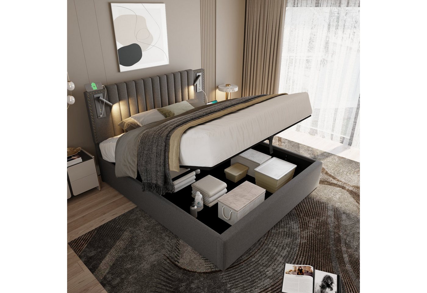 TavilaEcon Boxspringbett mit verstellbarem Kopfteil, Polsterbett 180x200cm & weitere Größen, Doppelbett 140x200cm, Bettkasten mit Leselicht & USB, Grau – Bild 4 von 5