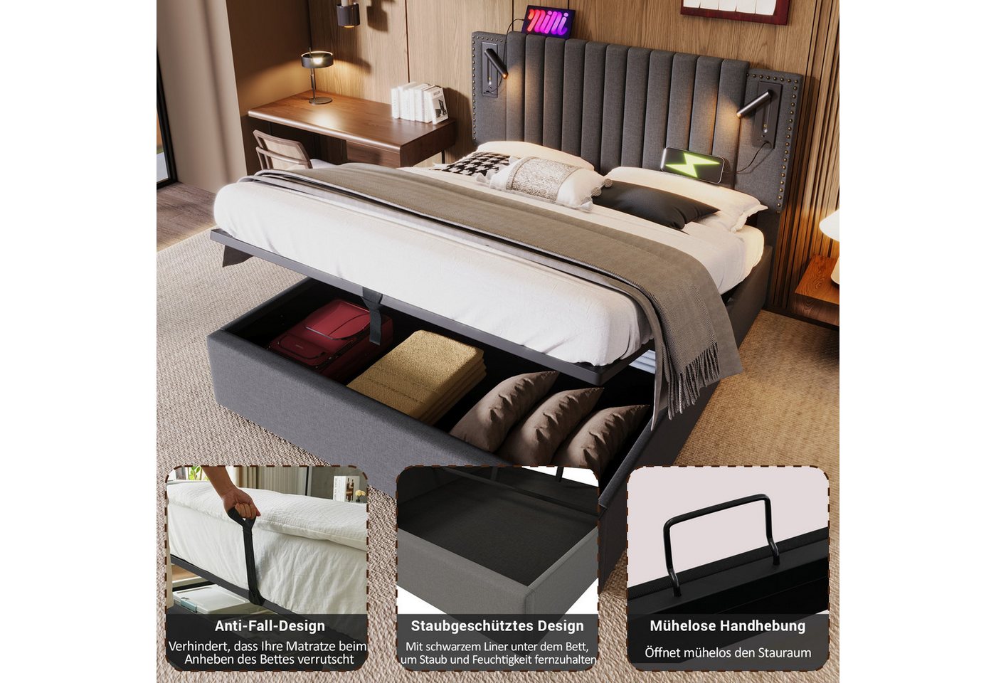 TavilaEcon Boxspringbett mit verstellbarem Kopfteil, Polsterbett 180x200cm & weitere Größen, Doppelbett 140x200cm, Bettkasten mit Leselicht & USB, Grau – Bild 5 von 5