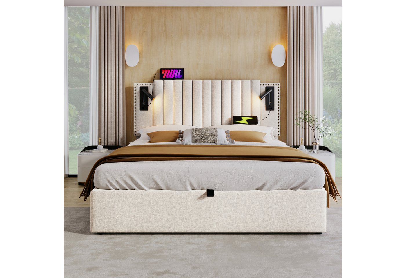 TavilaEcon Boxspringbett mit verstellbarem Kopfteil, Polsterbett 180x200cm & weitere Größen, Doppelbett, 160x200cm, Bettkasten mit Leselicht & USB, Beige – Bild 3 von 5