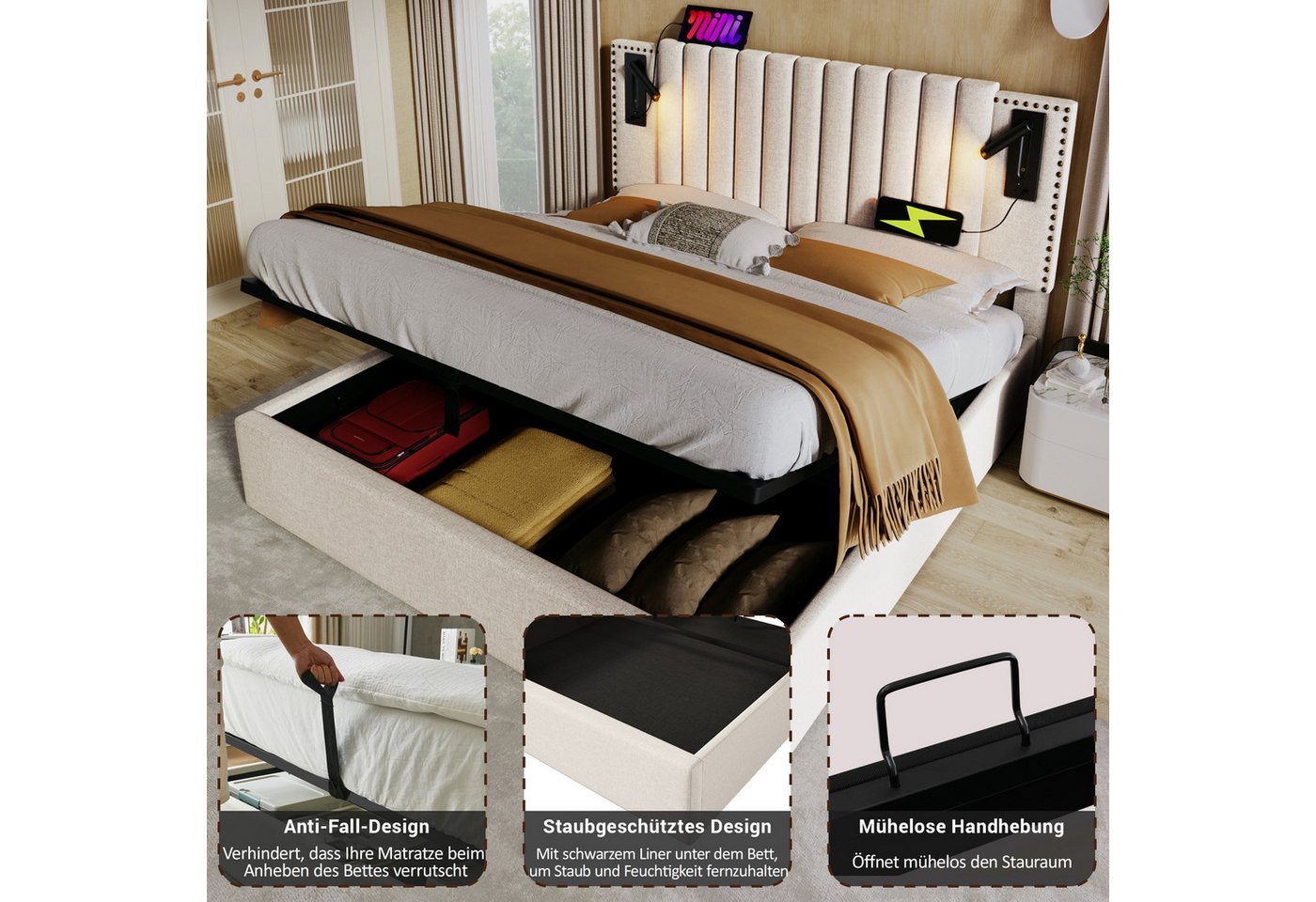 TavilaEcon Boxspringbett mit verstellbarem Kopfteil, Polsterbett 180x200cm & weitere Größen, Doppelbett, 160x200cm, Bettkasten mit Leselicht & USB, Beige – Bild 5 von 5