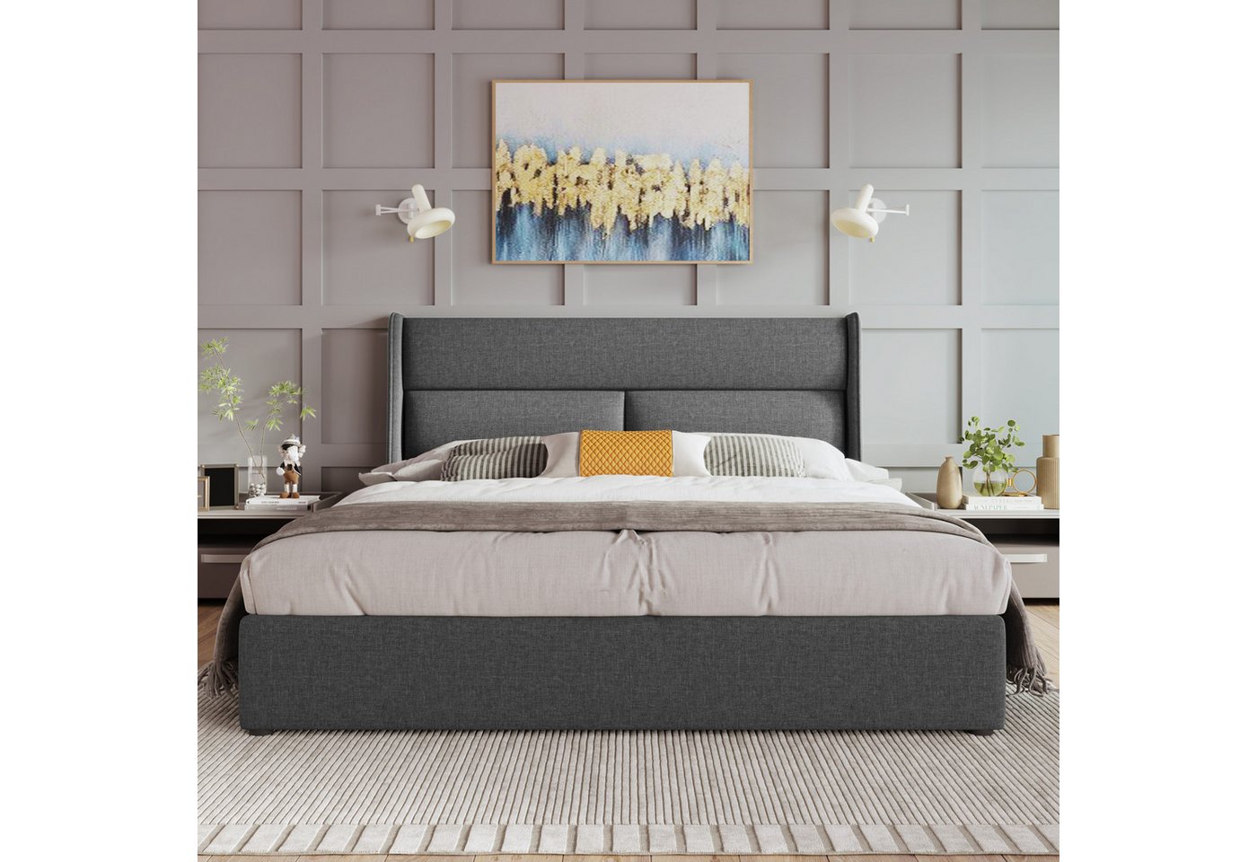 TavilaEcon Boxspringbett mit verstellbarem Kopfteil und Bettkasten – Doppelbett, Grau, aus Leinenmaterial mit Lattenrost, 140x200cm – Bild 2 von 5