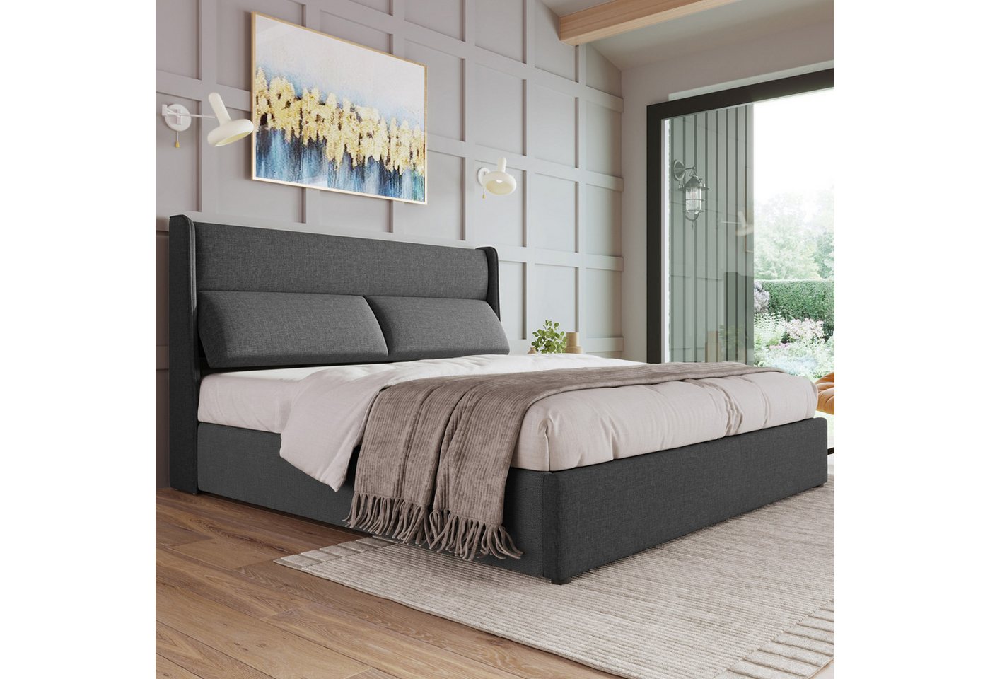 TavilaEcon Boxspringbett mit verstellbarem Kopfteil und Bettkasten – Doppelbett, Grau, aus Leinenmaterial mit Lattenrost, 140x200cm – Bild 3 von 5