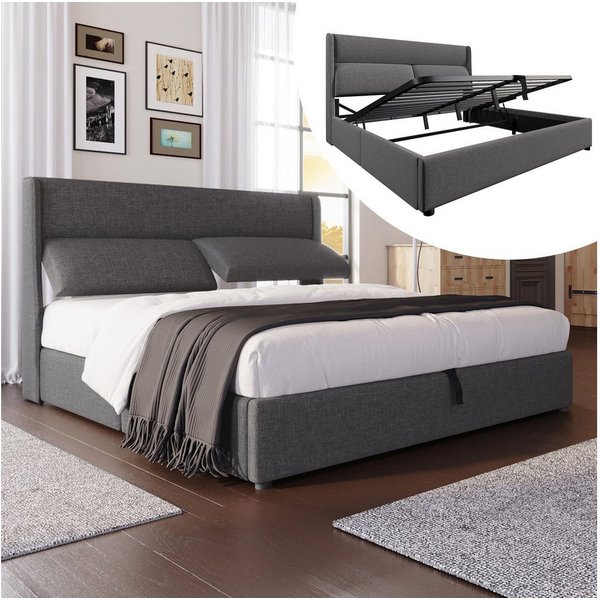 TavilaEcon Boxspringbett mit verstellbarem Kopfteil und Bettkasten – Doppelbett, Grau, aus Leinenmaterial mit Lattenrost, 160x200cm
