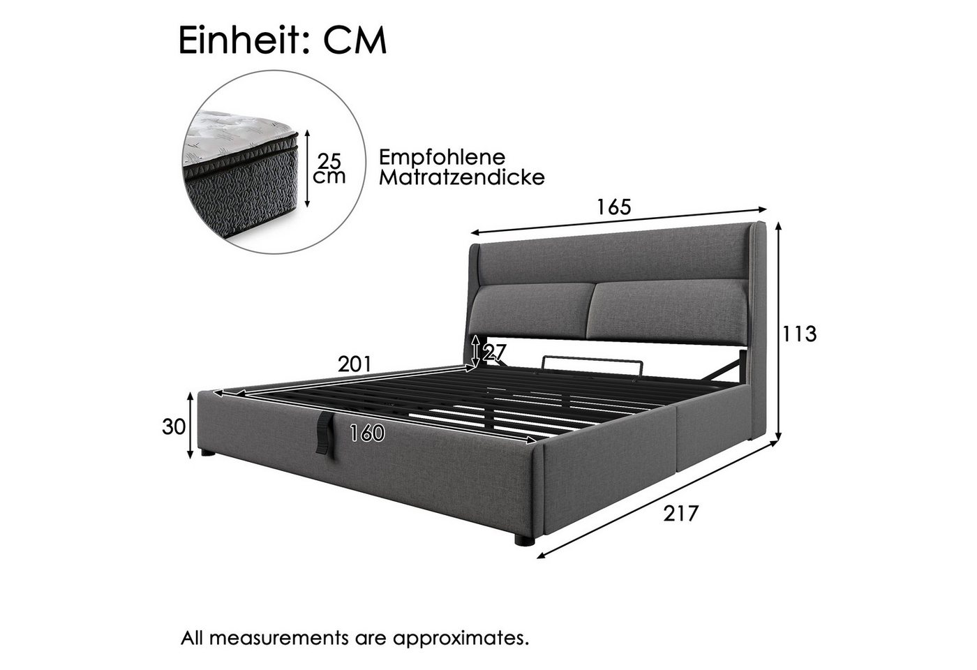 TavilaEcon Boxspringbett mit verstellbarem Kopfteil und Bettkasten – Doppelbett, Grau, aus Leinenmaterial mit Lattenrost, 160x200cm – Bild 2 von 5
