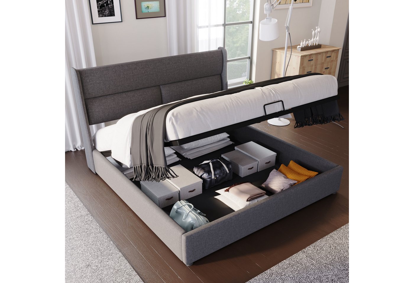 TavilaEcon Boxspringbett mit verstellbarem Kopfteil und Bettkasten – Doppelbett, Grau, aus Leinenmaterial mit Lattenrost, 160x200cm – Bild 3 von 5