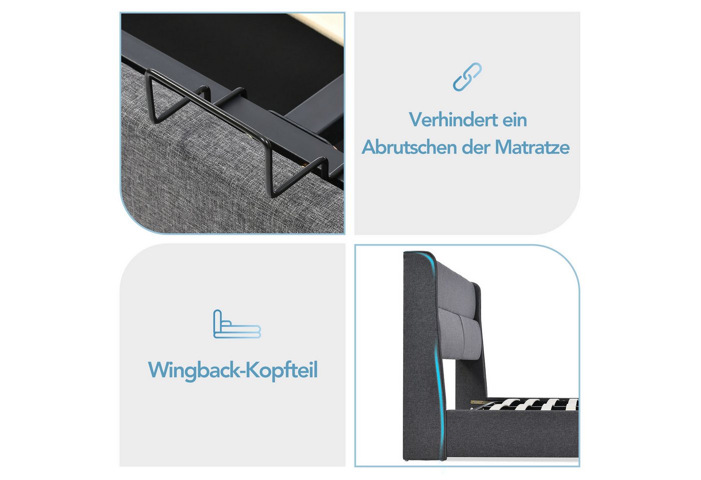 TavilaEcon Boxspringbett mit verstellbarem Kopfteil und Bettkasten – Doppelbett, Grau, aus Leinenmaterial mit Lattenrost, 160x200cm – Bild 5 von 5
