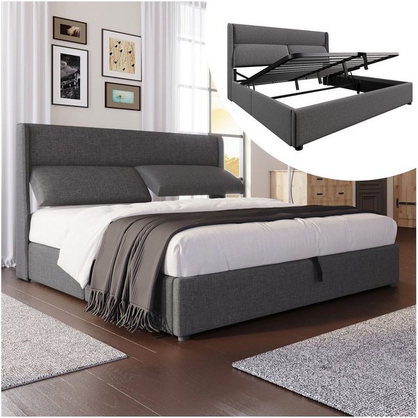 TavilaEcon Boxspringbett mit verstellbarem Kopfteil und Bettkasten – Doppelbett, Grau, aus Leinenmaterial mit Lattenrost, 180x200cm