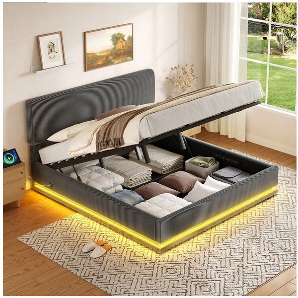TavilaEcon Boxspringbett Moderne Polsterbetten mit LED-Beleuchtung und USB-C-Ladefunktion (1-St), mit höhenverstellbarem Kopfteil, Cord-Stoff, stabilem Lattenro
