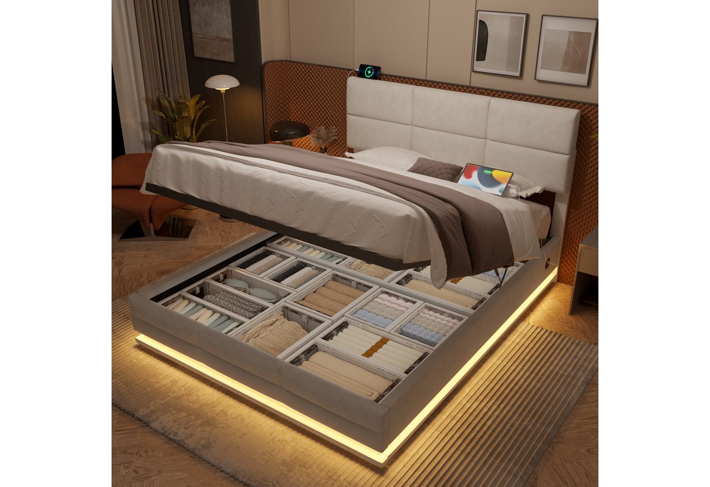 TavilaEcon Boxspringbett Modernes Polsterbett mit höhenverstellbarem Kopfteil & LED-Beleuchtung (1-St), mit USB-Anschlüsse, 90/140/160/180×200cm, beige/grau – Bild 3 von 5