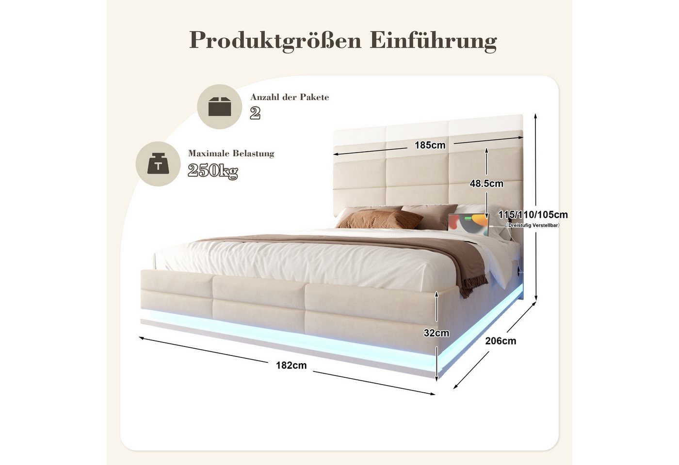 TavilaEcon Boxspringbett Modernes Polsterbett mit höhenverstellbarem Kopfteil & LED-Beleuchtung (1-St), mit USB-Anschlüsse, 90/140/160/180×200cm, beige/grau – Bild 4 von 5