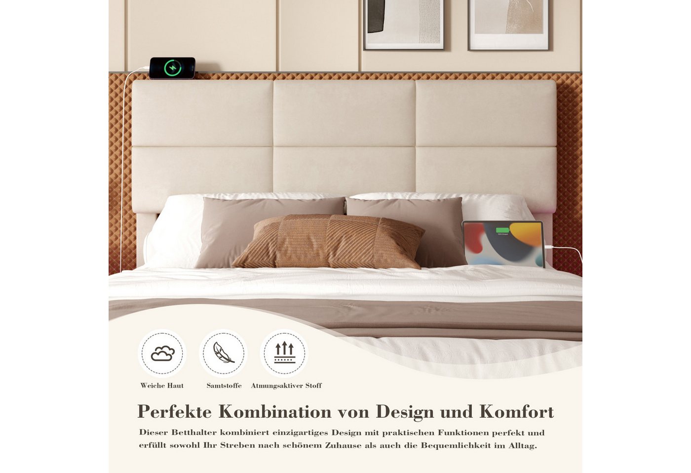 TavilaEcon Boxspringbett Modernes Polsterbett mit höhenverstellbarem Kopfteil & LED-Beleuchtung (1-St), mit USB-Anschlüsse, 90/140/160/180×200cm, beige/grau – Bild 5 von 5