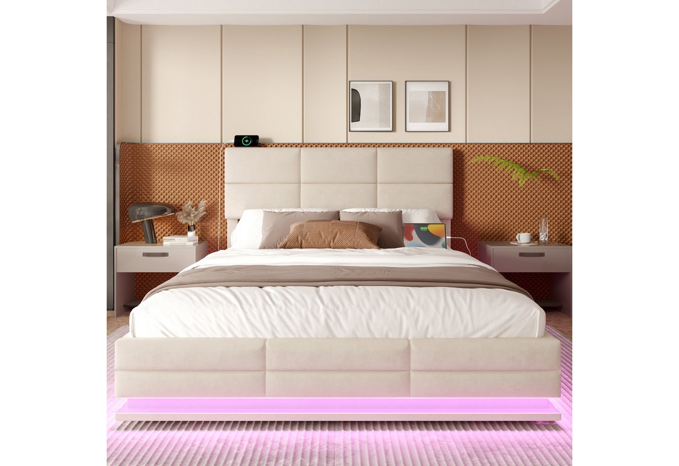 TavilaEcon Boxspringbett Modernes Polsterbett mit höhenverstellbarem Kopfteil & LED-Beleuchtung (1-St), mit USB-Anschlüsse, 90/140/160/180×200cm, beige/grau – Bild 2 von 5