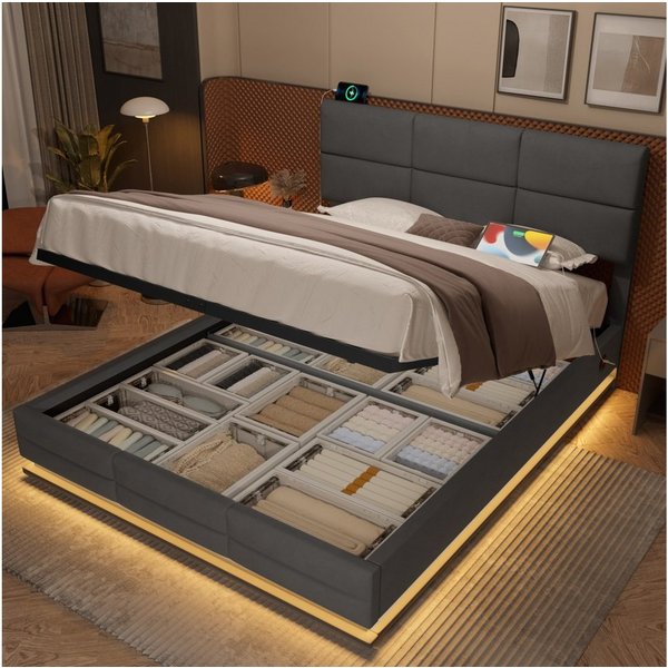 TavilaEcon Boxspringbett Modernes Polsterbett mit höhenverstellbarem Kopfteil & LED-Beleuchtung (1-St), mit USB-Anschlüsse, 90/140/160/180×200cm, beige/grau