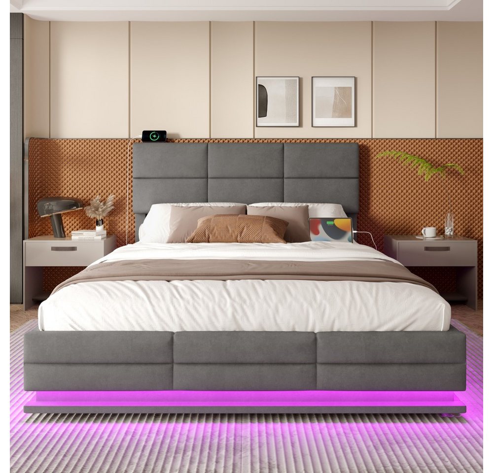 TavilaEcon Boxspringbett Modernes Polsterbett mit höhenverstellbarem Kopfteil & LED-Beleuchtung (1-St), mit USB-Anschlüsse, 90/140/160/180×200cm, beige/grau – Bild 2 von 5