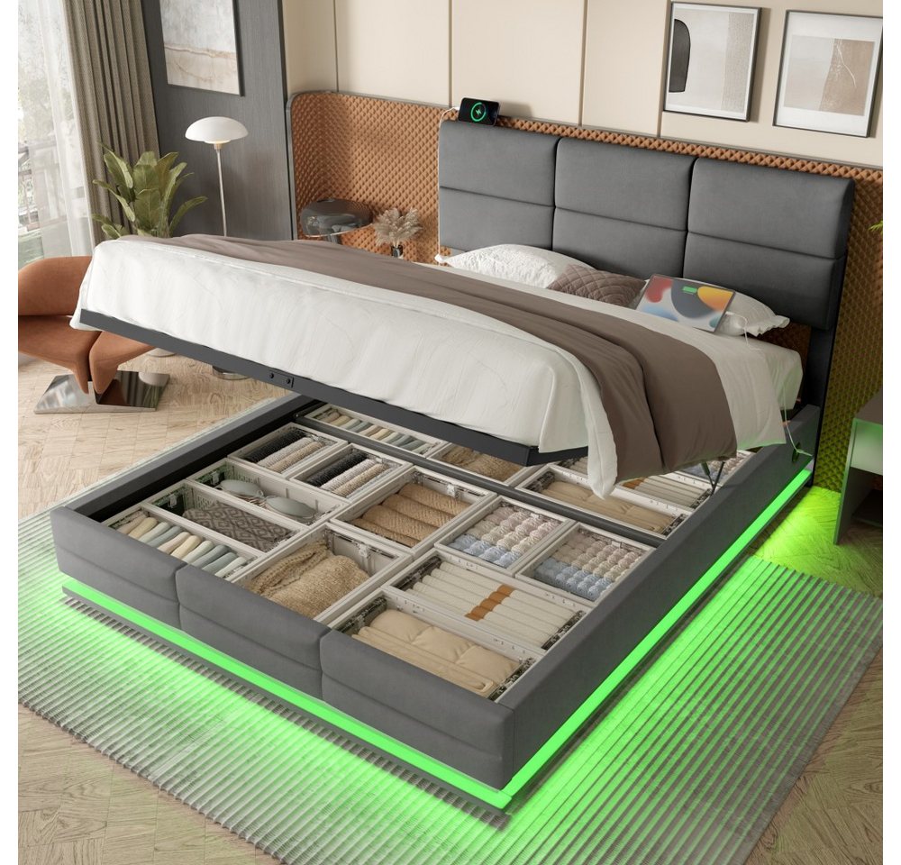 TavilaEcon Boxspringbett Modernes Polsterbett mit höhenverstellbarem Kopfteil & LED-Beleuchtung (1-St), mit USB-Anschlüsse, 90/140/160/180×200cm, beige/grau – Bild 3 von 5