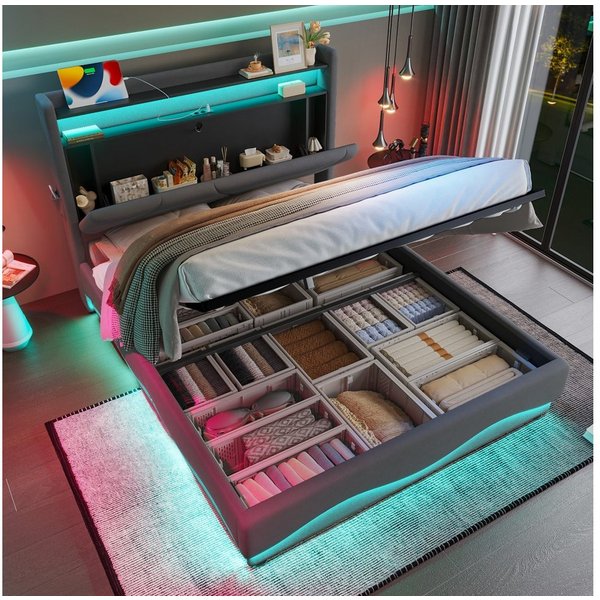 TavilaEcon Boxspringbett Modernes Polsterbett mit Stauraum im Kopfteil und LED-Beleuchtung (1-St), mit Lattenrost, USB- und Type-C-Anschlüsse