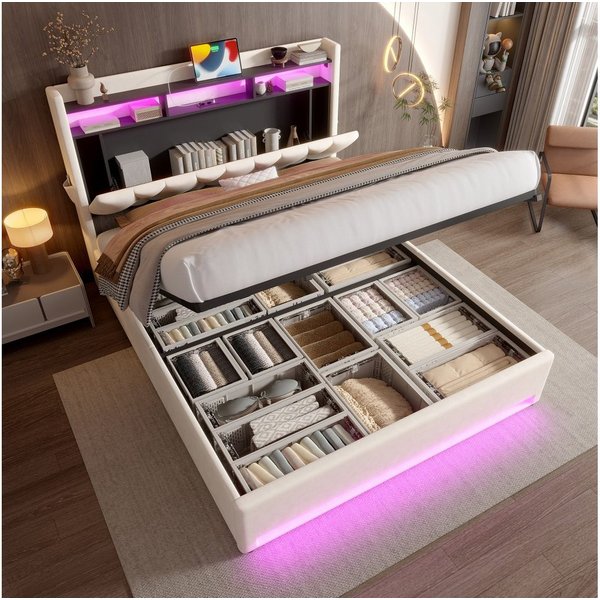 TavilaEcon Boxspringbett Modernes Polsterbett mit Stauraum im Kopfteil und LED-Beleuchtung (1-St), mit Lattenrost, USB- und Type-C-Anschlüsse