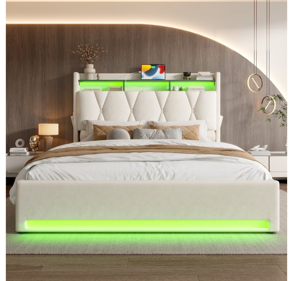 TavilaEcon Boxspringbett Modernes Polsterbett mit Stauraum im Kopfteil und LED-Beleuchtung (1-St), mit Lattenrost, USB- und Type-C-Anschlüsse – Bild 2 von 5