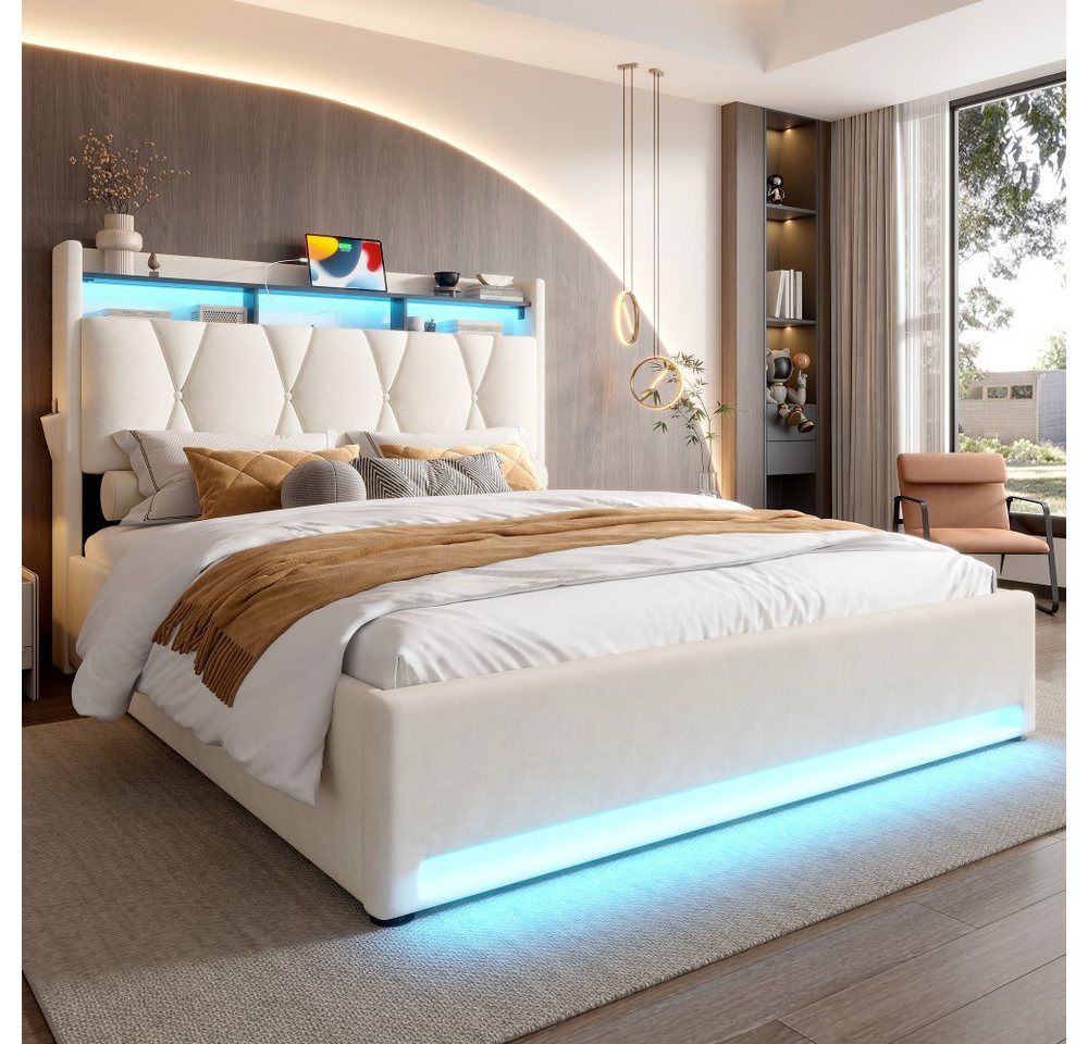 TavilaEcon Boxspringbett Modernes Polsterbett mit Stauraum im Kopfteil und LED-Beleuchtung (1-St), mit Lattenrost, USB- und Type-C-Anschlüsse – Bild 3 von 5