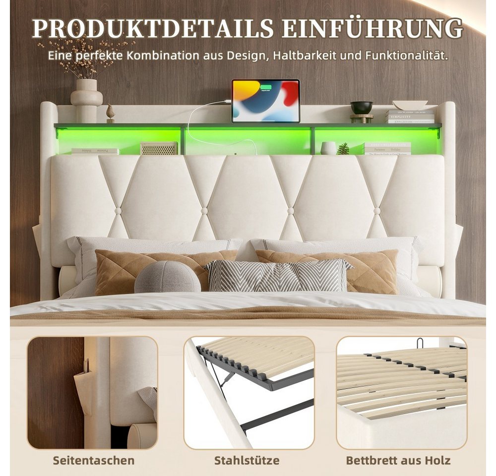 TavilaEcon Boxspringbett Modernes Polsterbett mit Stauraum im Kopfteil und LED-Beleuchtung (1-St), mit Lattenrost, USB- und Type-C-Anschlüsse – Bild 5 von 5