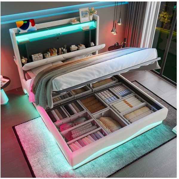 TavilaEcon Boxspringbett Modernes Polsterbett mit Stauraum im Kopfteil und LED-Beleuchtung (1-St), mit Lattenrost, USB- und Type-C-Anschlüsse