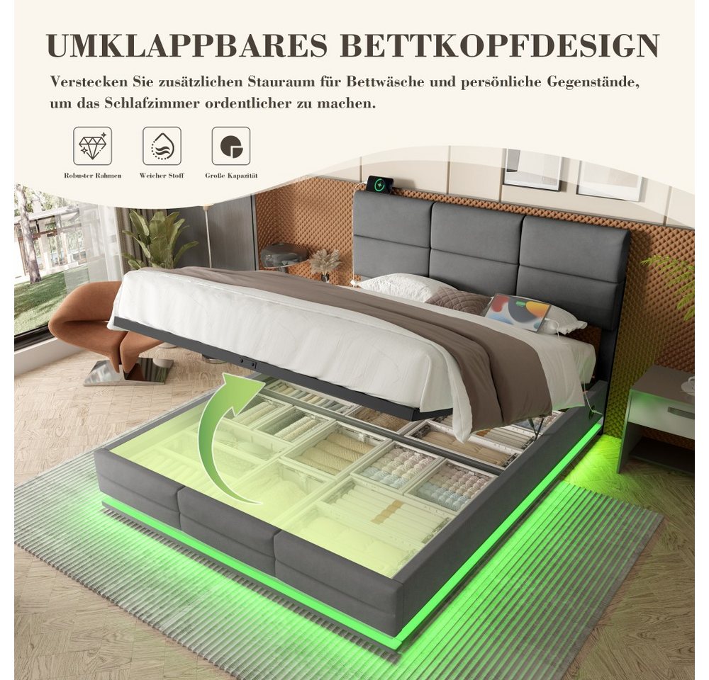 TavilaEcon Boxspringbett Modernes Polsterbett mit höhenverstellbarem Kopfteil & LED-Beleuchtung (1-St), mit USB-Anschlüsse, 90/140/160/180×200cm, beige/grau – Bild 4 von 5