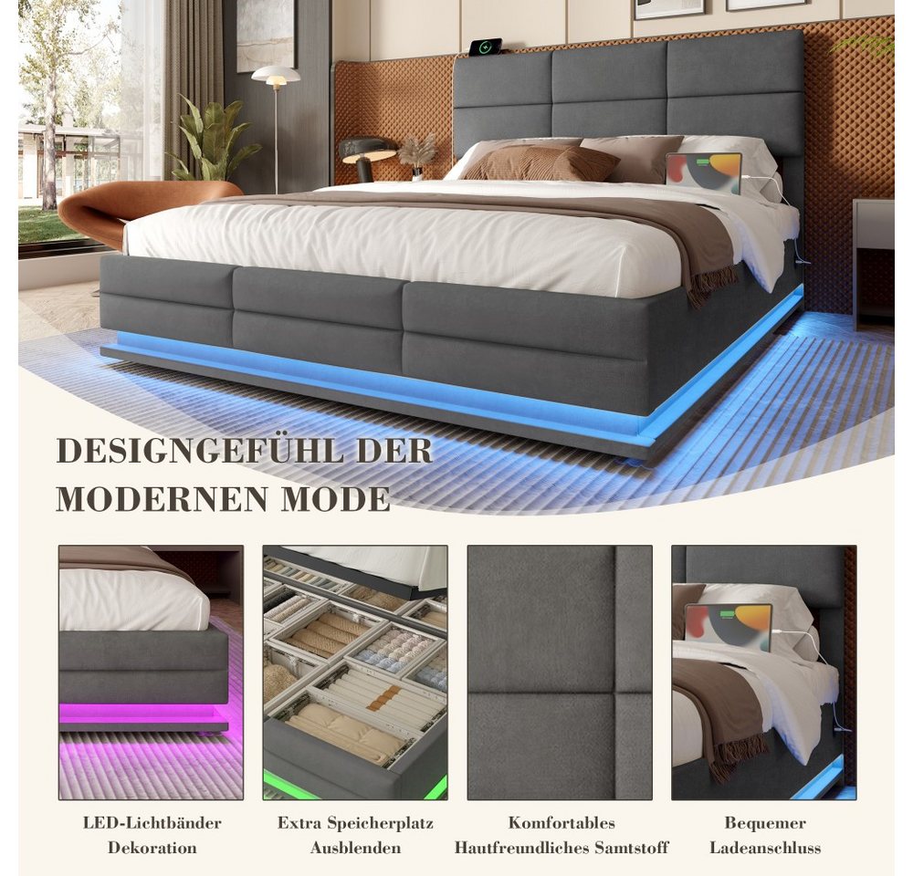 TavilaEcon Boxspringbett Modernes Polsterbett mit höhenverstellbarem Kopfteil & LED-Beleuchtung (1-St), mit USB-Anschlüsse, 90/140/160/180×200cm, beige/grau – Bild 5 von 5