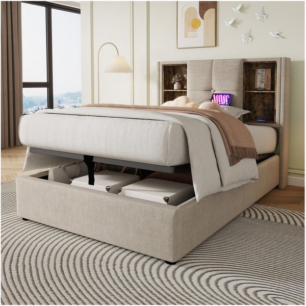 TavilaEcon Boxspringbett Polsterbett, Hydraulisch Stauraumbett mit Kabellosem Laden, mit vier offenen Ablagefächern am Kopfteil