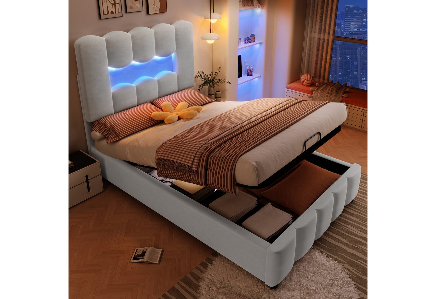 TavilaEcon Boxspringbett Polsterbett mit Hydraulikvorrichtung und verstellbarem Kopfteil (1-St), mit LED-Beleuchtung, ohne Matratze, 90×200cm – Bild 2 von 5