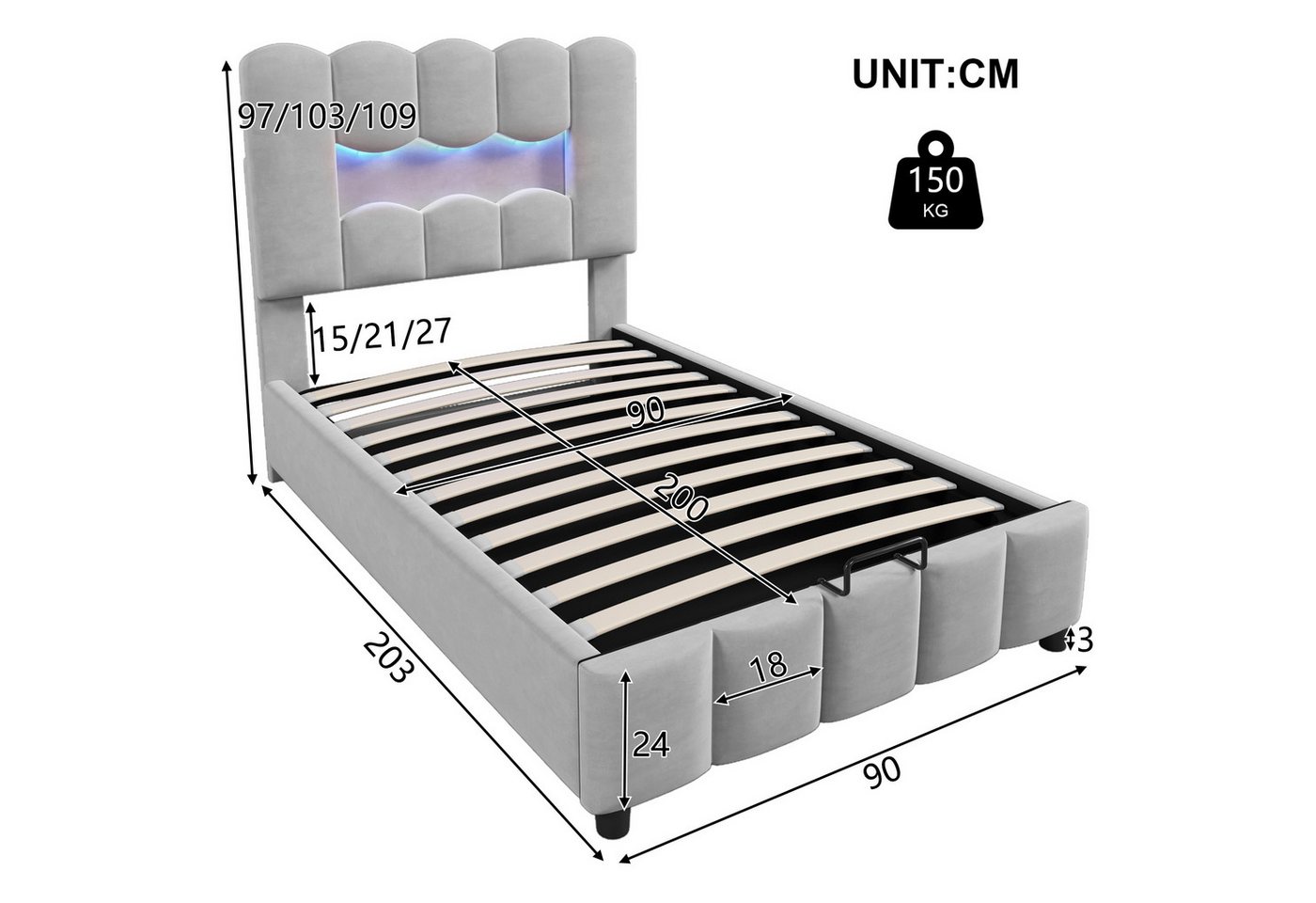 TavilaEcon Boxspringbett Polsterbett mit Hydraulikvorrichtung und verstellbarem Kopfteil (1-St), mit LED-Beleuchtung, ohne Matratze, 90×200cm – Bild 4 von 5