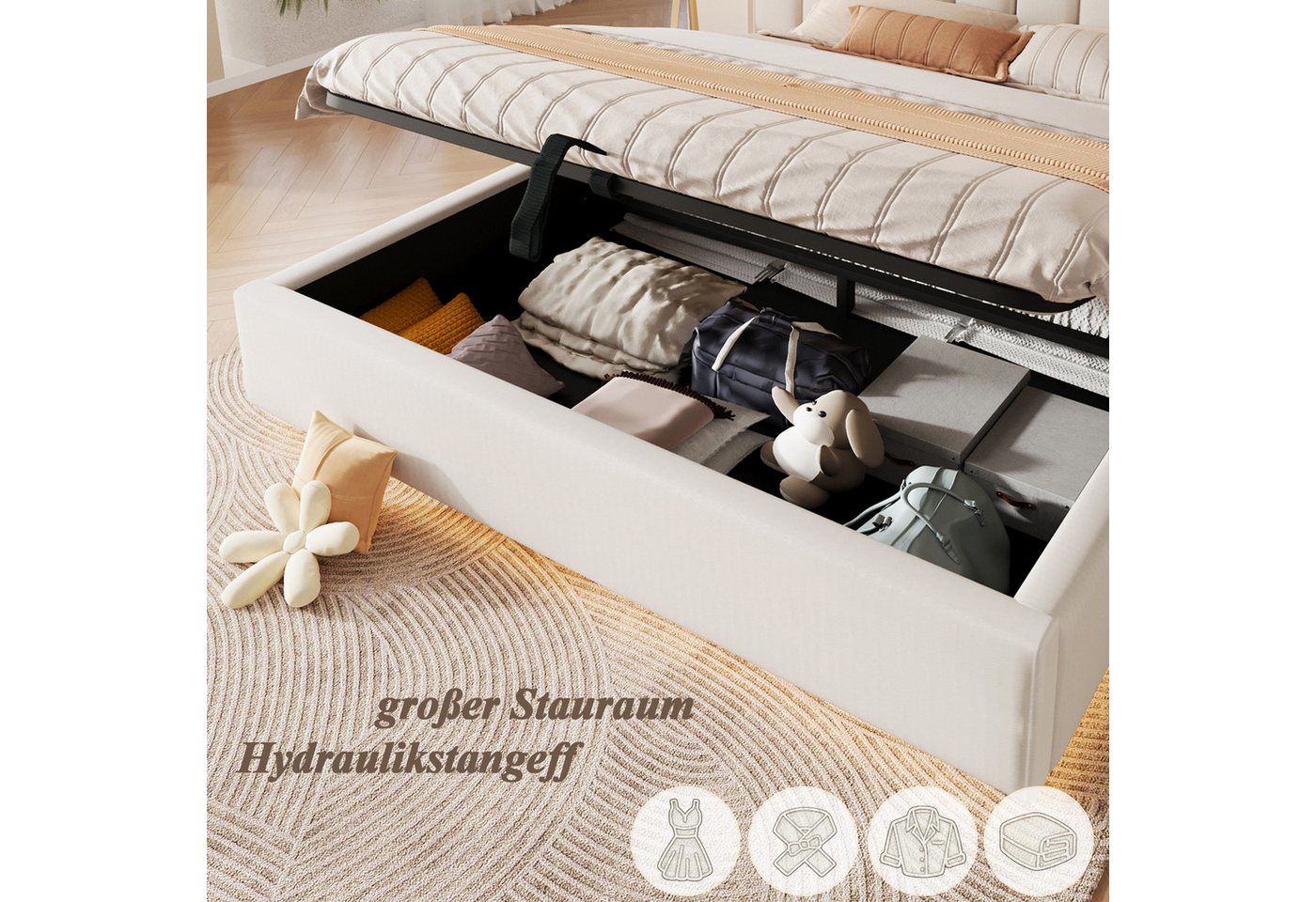 TavilaEcon Boxspringbett Polsterbett mit sicherer Matratzenfixierung & Abgerundete (1-St), mit LED-Beleuchtung und Chenille-Stoff, 180×200cm – Bild 5 von 5