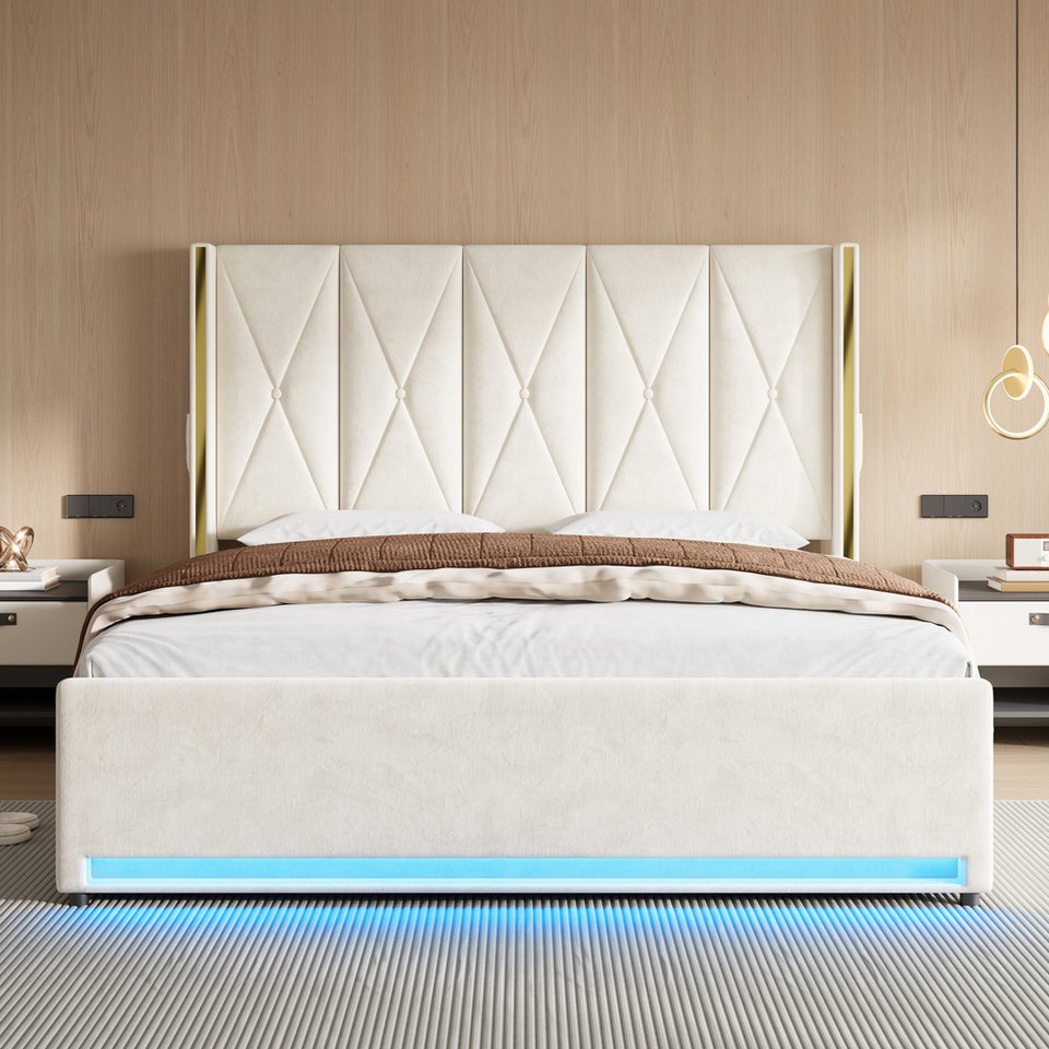 TavilaEcon Boxspringbett Veloursbett mit hohem Kopfteil, Seitentaschen & USB (1-St), mit hydraulischem Hebelsystem & großem Unterbett-Stauraum, grau/beige – Bild 2 von 5
