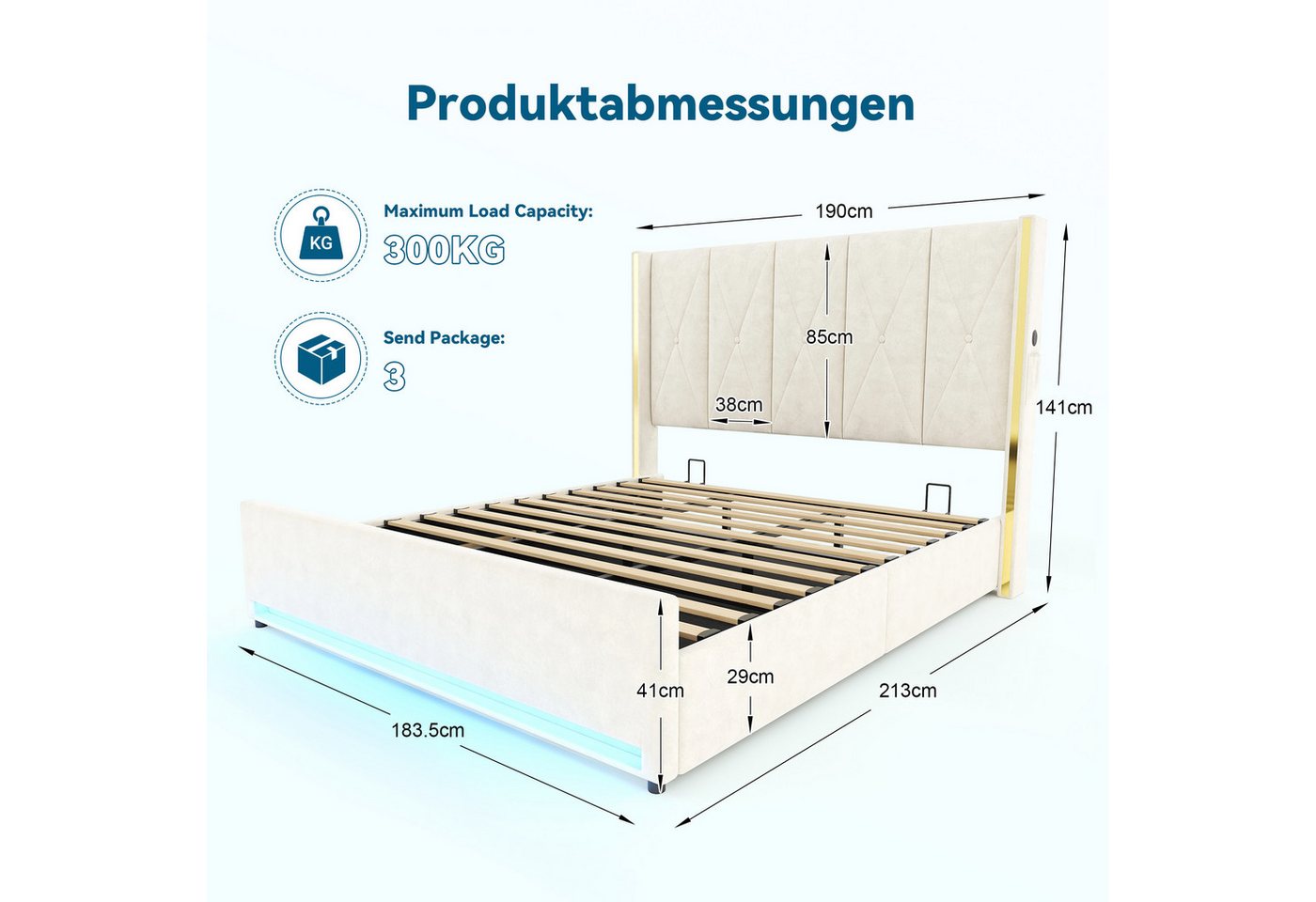 TavilaEcon Boxspringbett Veloursbett mit hohem Kopfteil, Seitentaschen & USB (1-St), mit hydraulischem Hebelsystem & großem Unterbett-Stauraum, grau/beige – Bild 4 von 5