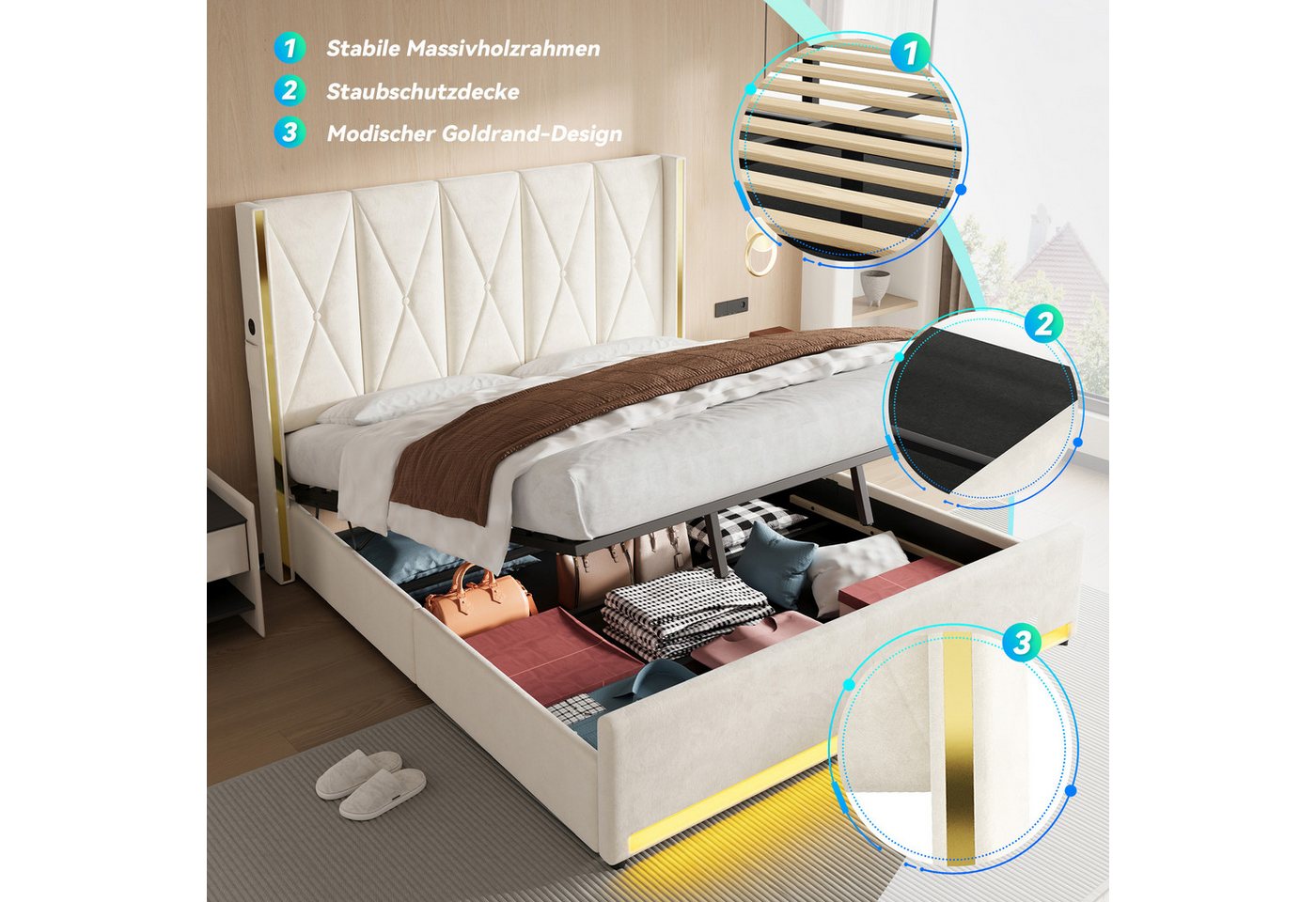 TavilaEcon Boxspringbett Veloursbett mit hohem Kopfteil, Seitentaschen & USB (1-St), mit hydraulischem Hebelsystem & großem Unterbett-Stauraum, grau/beige – Bild 5 von 5