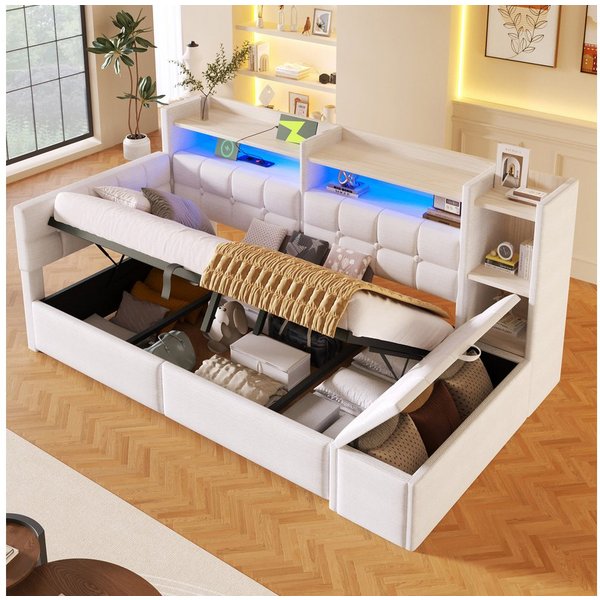 TavilaEcon Daybett Schlafsofa mit hydraulischer Lagerung, USB- und Typ-C-Anschlüssen (1 tlg), mit Ablagefach, Stauraumbank am Fußende, 140 × 200 cm, Weiß