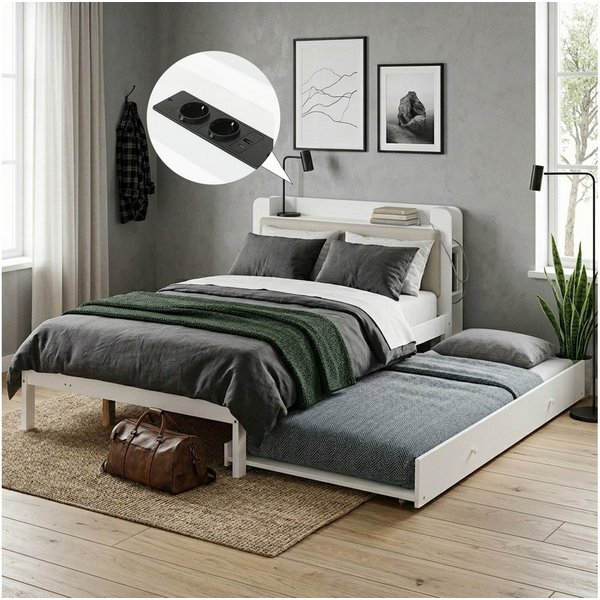 TavilaEcon Einzelbett Holzbett, Funktionsbett mit LED-Lichtleiste und gepolstertem Kopfteil (1-tlg), mit LED-Lichtleiste, Kopfteilregal und Ladestation, 120x200