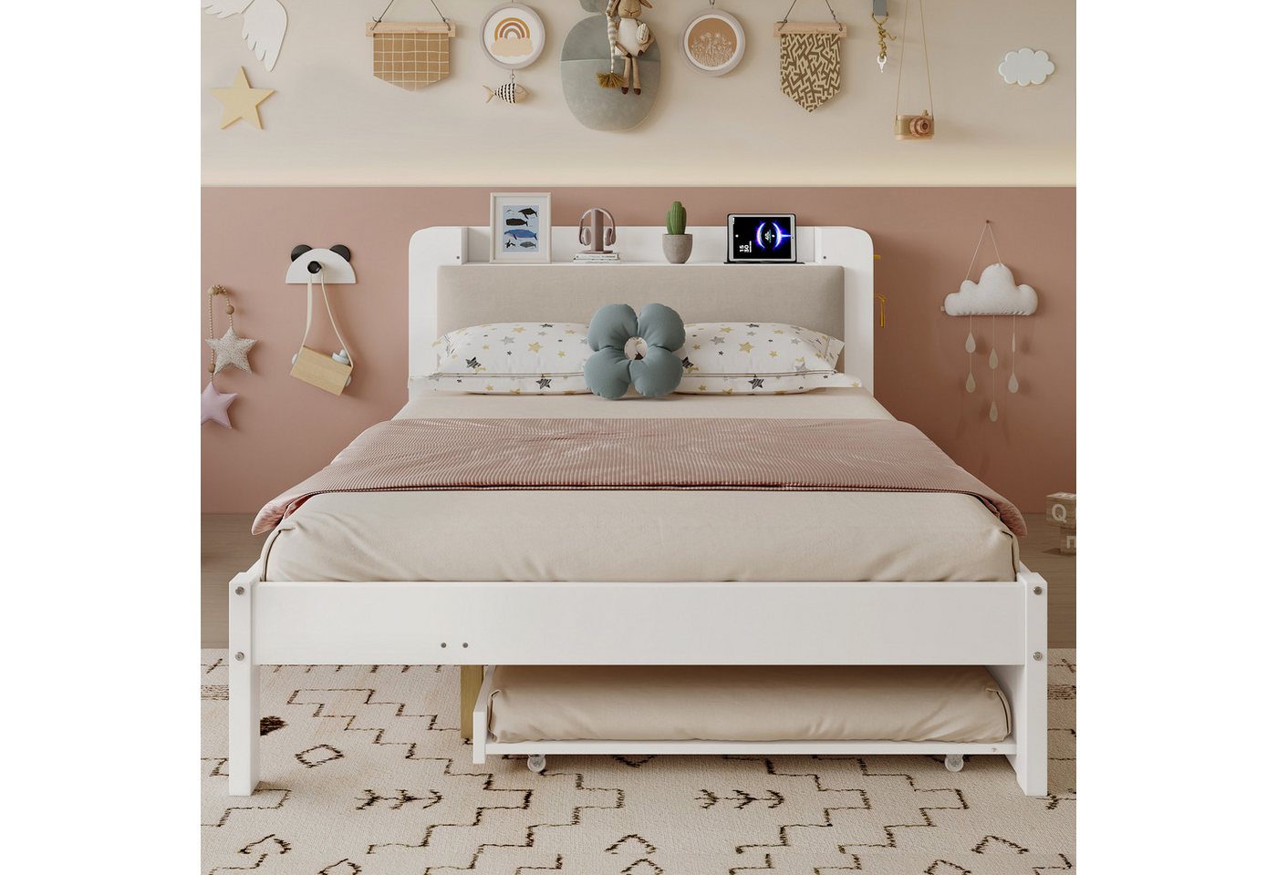 TavilaEcon Einzelbett Holzbett, Funktionsbett mit LED-Lichtleiste und gepolstertem Kopfteil (1-tlg), mit LED-Lichtleiste, Kopfteilregal und Ladestation, 120x200 – Bild 2 von 5