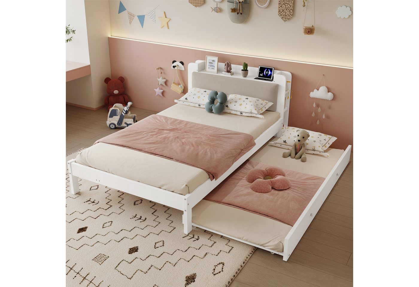 TavilaEcon Einzelbett Holzbett, Funktionsbett mit LED-Lichtleiste und gepolstertem Kopfteil (1-tlg), mit LED-Lichtleiste, Kopfteilregal und Ladestation, 120x200 – Bild 3 von 5
