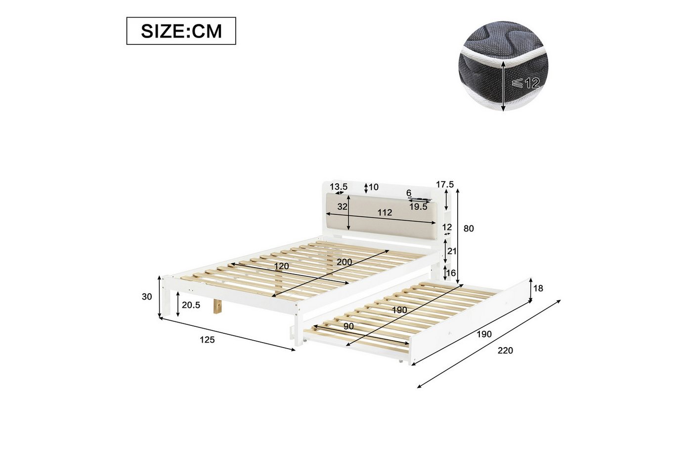 TavilaEcon Einzelbett Holzbett, Funktionsbett mit LED-Lichtleiste und gepolstertem Kopfteil (1-tlg), mit LED-Lichtleiste, Kopfteilregal und Ladestation, 120x200 – Bild 4 von 5